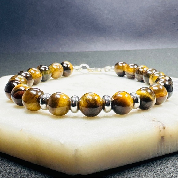 Mens Tiger Eye Bracelet Sterling Silver - Picture 2 of 5
